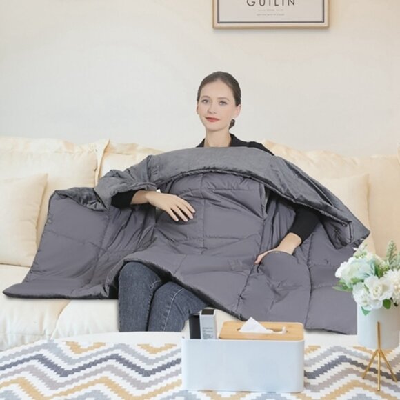 Heated Blanket Poncho Shawl Wrap Throw with Zipper Arm Holes (M size)